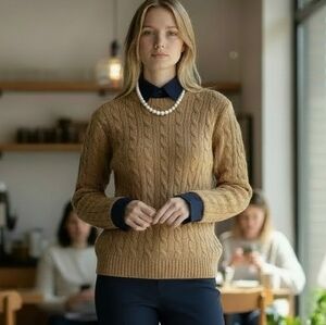 Ralph Lauren Iconic Cable Knit Merino Wool Cashmere Angora Sweater Tan L